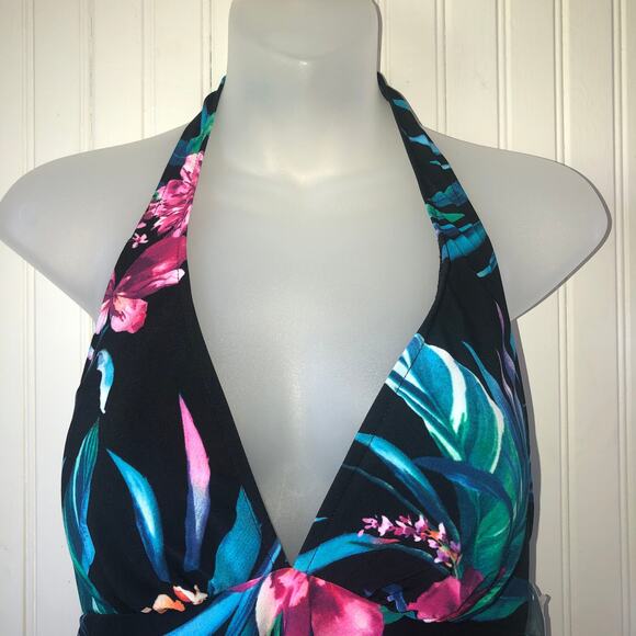 SWIM SOLUTIONS Retail $72 Black Floral Printed Tiered Halter Tankini Top Size 12 - Picture 2 of 5